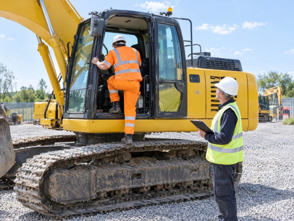 Plant operator in orange hi-vis climbing into the cab of a yellow tracked excavator while an instructor with a tablet watches in a training yard
