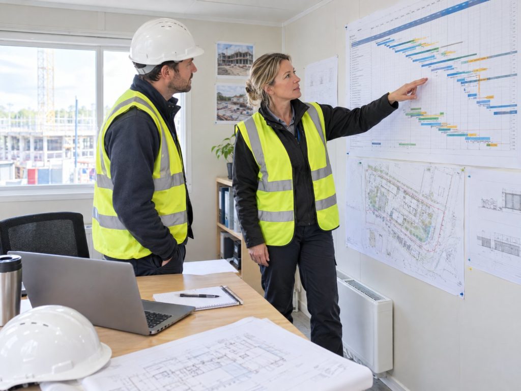 Site manager in a hi-vis vest pointing at a construction programme on the site office wall while a colleague in a hard hat looks on