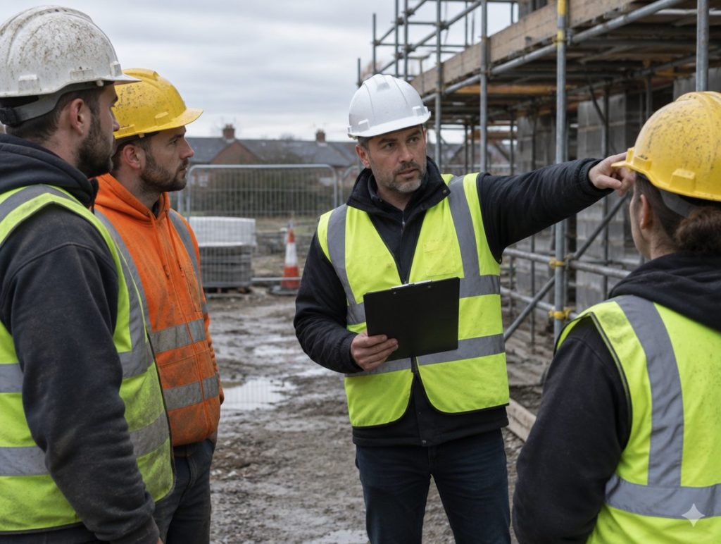 Supervisor in hi-vis and hard hat briefing three construction workers on site with a clipboard