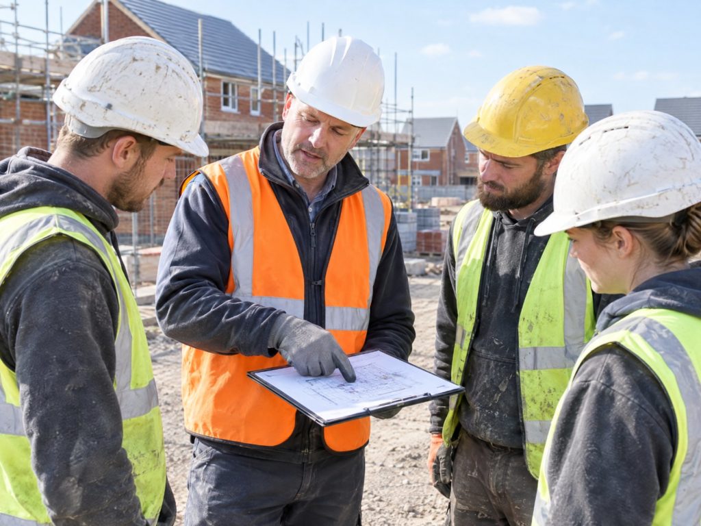 Site supervisor in an orange hi-vis vest briefing three workers on a new-build housing site, pointing at a site drawing on a clipboard