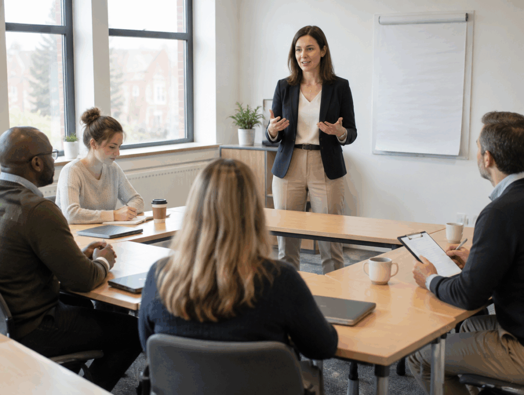 A trainer delivering a session to a small group while an assessor observes