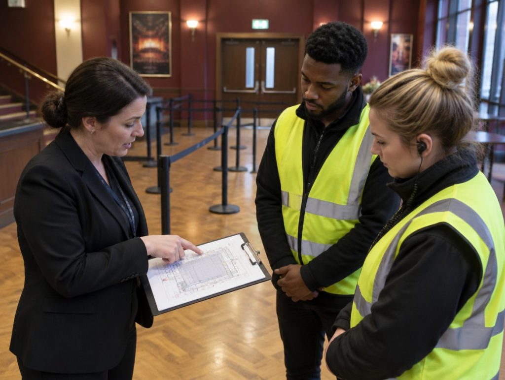 Venue duty manager briefing two stewards in a foyer before doors open, pointing at a floor plan on a clipboard beside queue barriers and an exit door