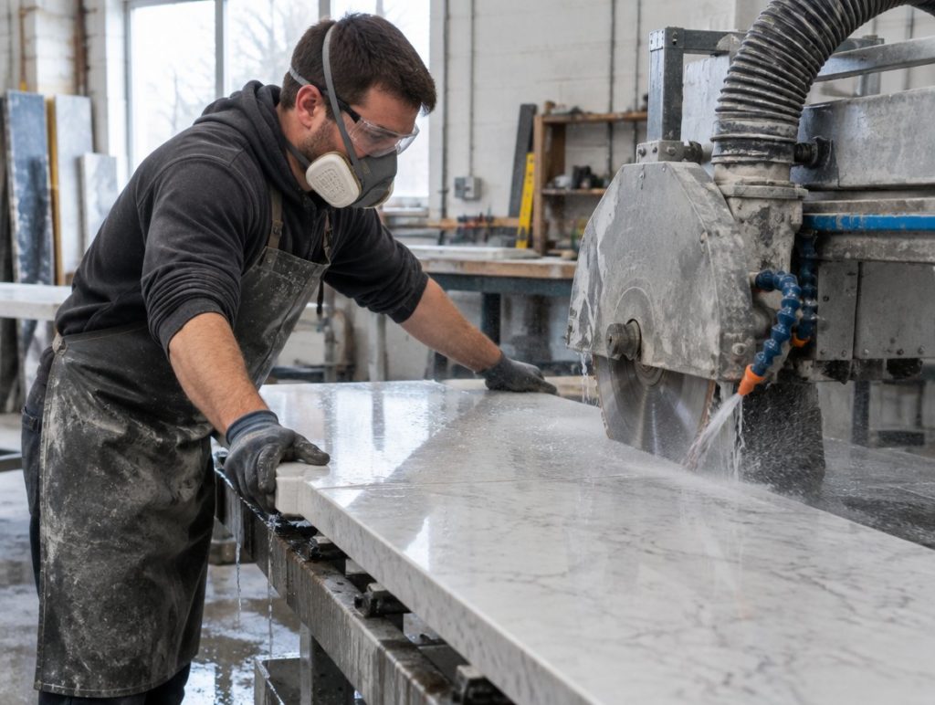 Stone worktop fabricator wet cutting an engineered stone slab wearing a tight fitting half mask respirator, with dust extraction in use