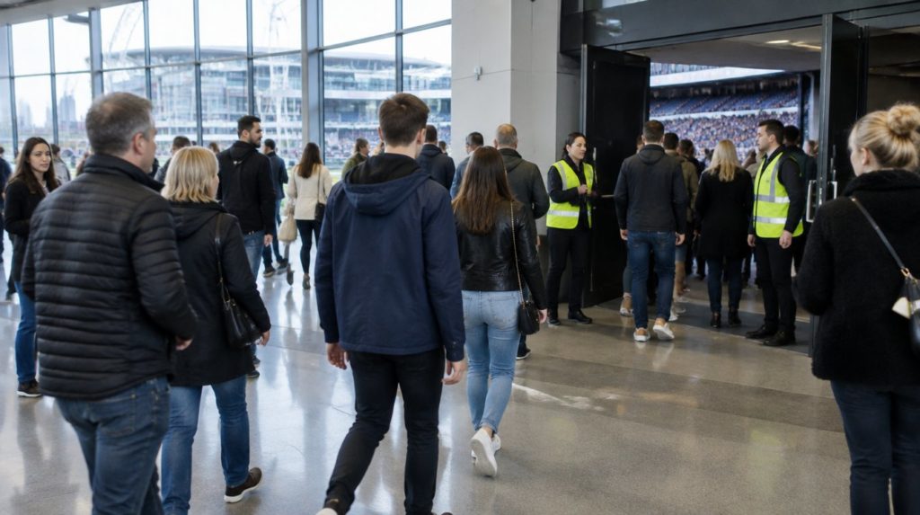 Visitors arriving across an arena concourse with staff in hi-vis at the doors