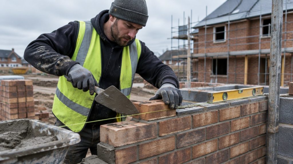 Bricklayer in hi-vis laying a course of facing bricks against a string line