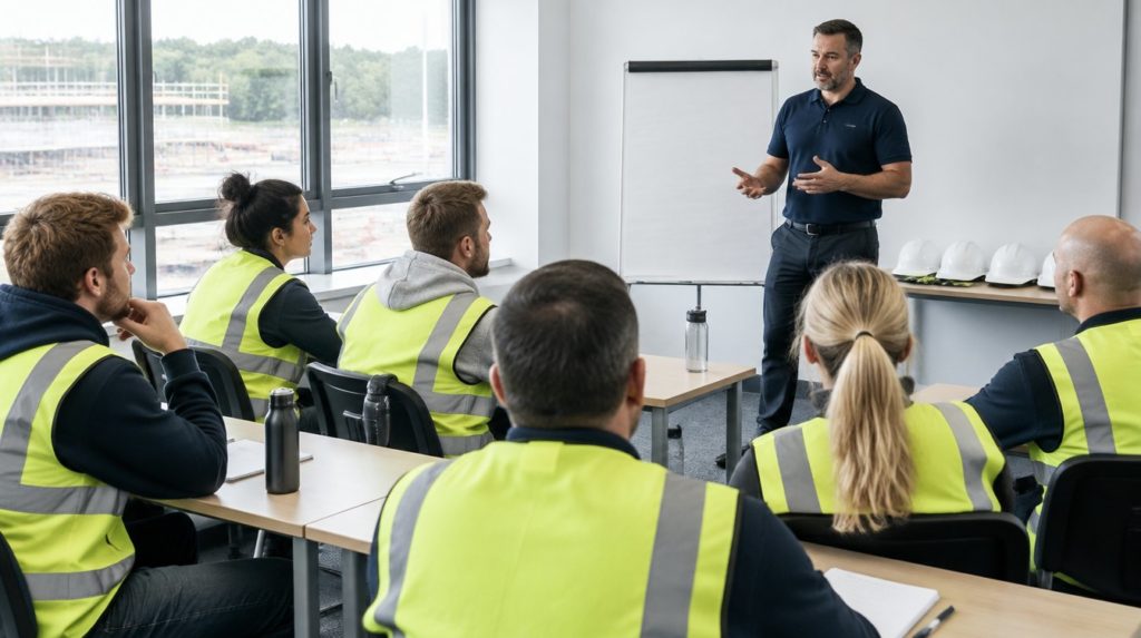 Tutor leading a CITB Health and Safety Awareness session with learners in hi-vis seated at desks