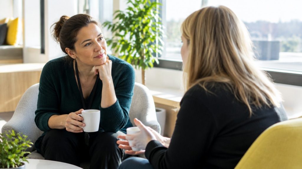 Two colleagues having a supportive one to one conversation in an office breakout area