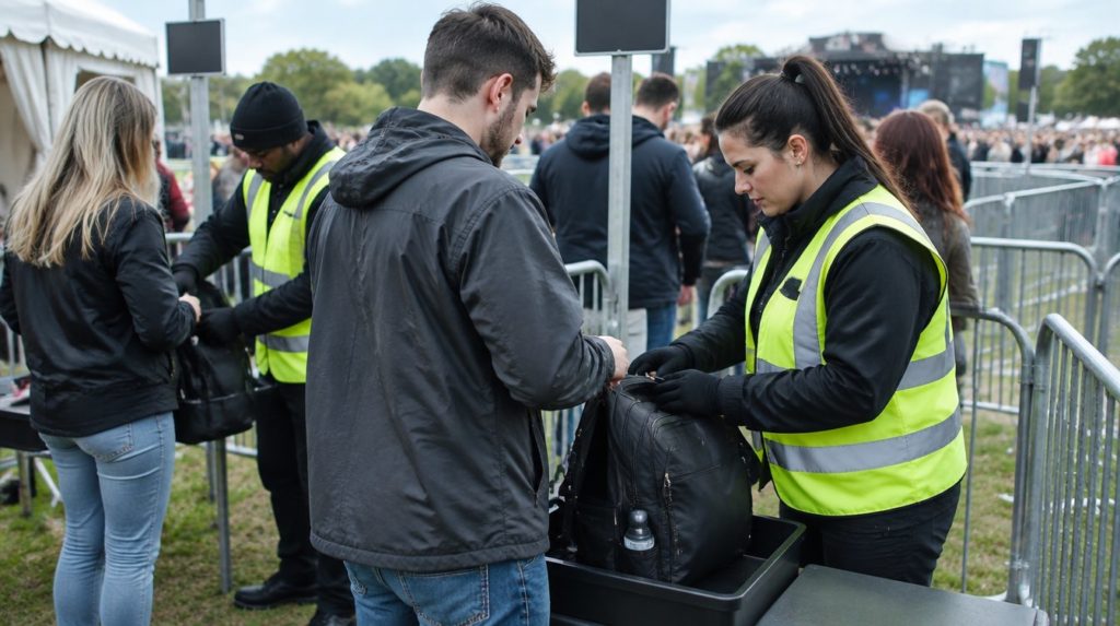 Event stewards checking bags at a controlled entrance to a ticketed outdoor event