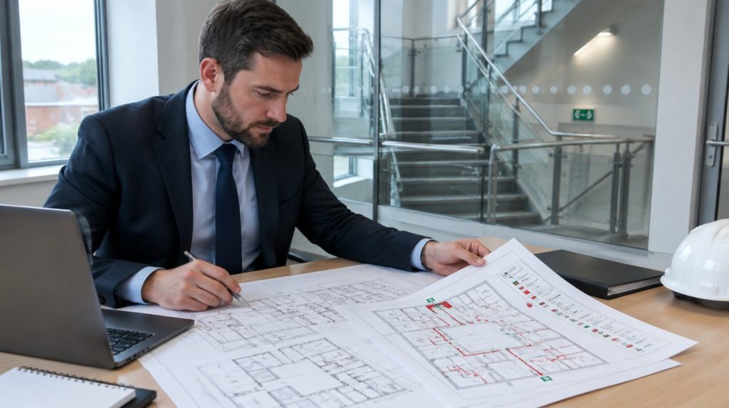 Fire safety engineer reviewing building plans and a fire strategy drawing at a desk