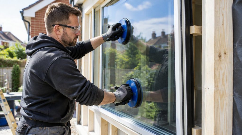 Glazier in gloves and safety glasses fitting a double glazed unit into a timber frame