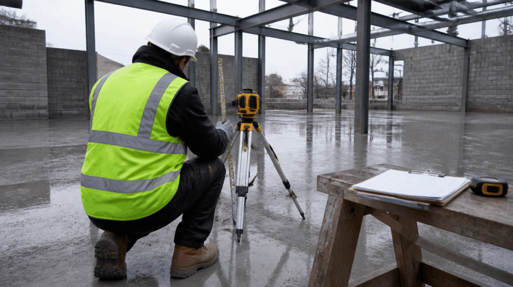 Site inspector in hi vis and hard hat on a UK construction site setting up a rotating laser level on a tripod to check floor level tolerance, an inspection record and a tape measure on a trestle beside him, blockwork and steel frame behind