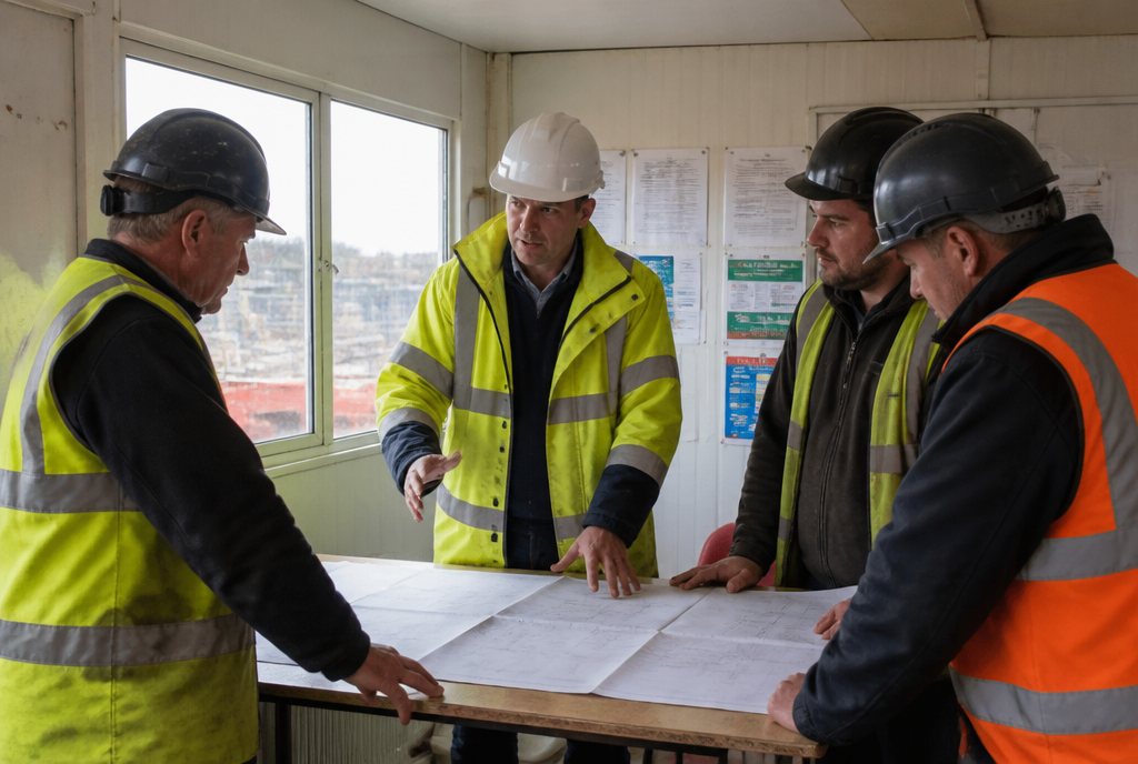 Site manager leading a progress meeting with three supervisors around drawings in a site cabin