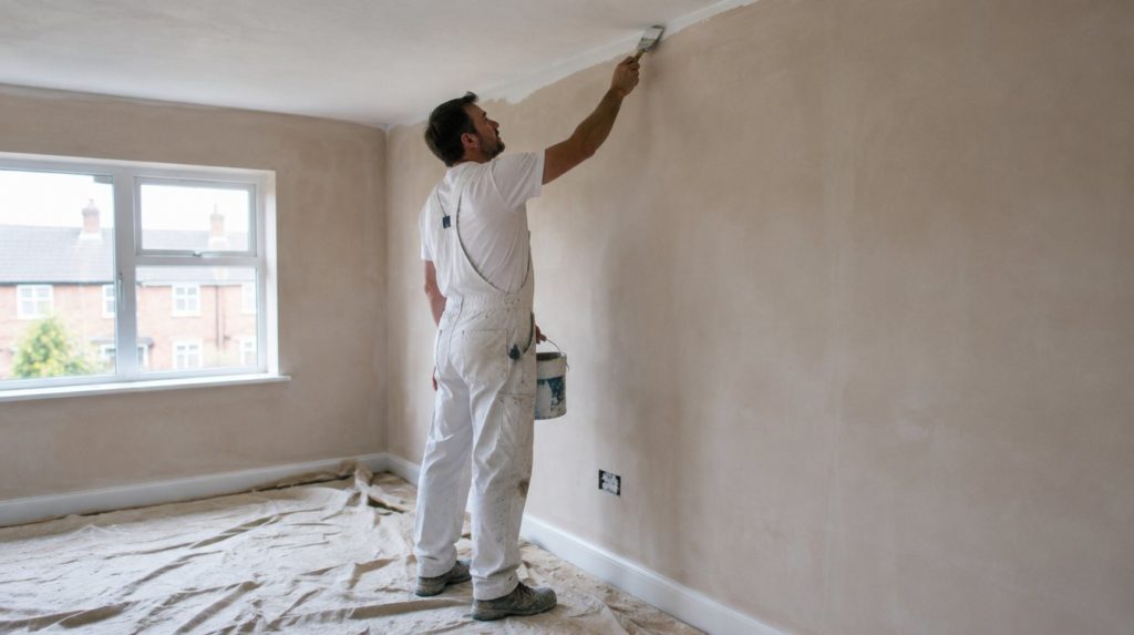 Painter and decorator in white overalls cutting in emulsion along a ceiling line