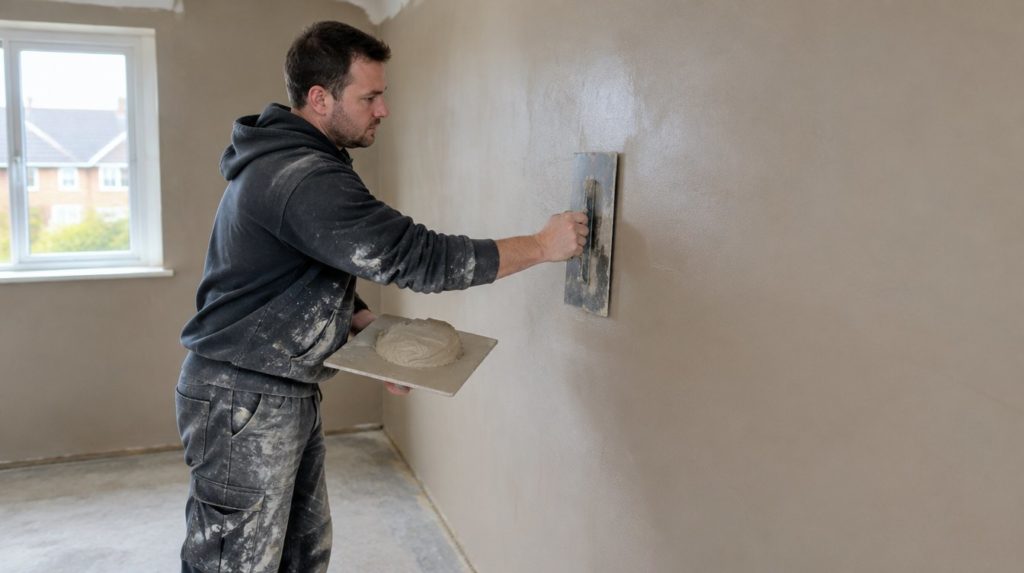 Plasterer skimming a wall with a finishing trowel and a hawk of plaster
