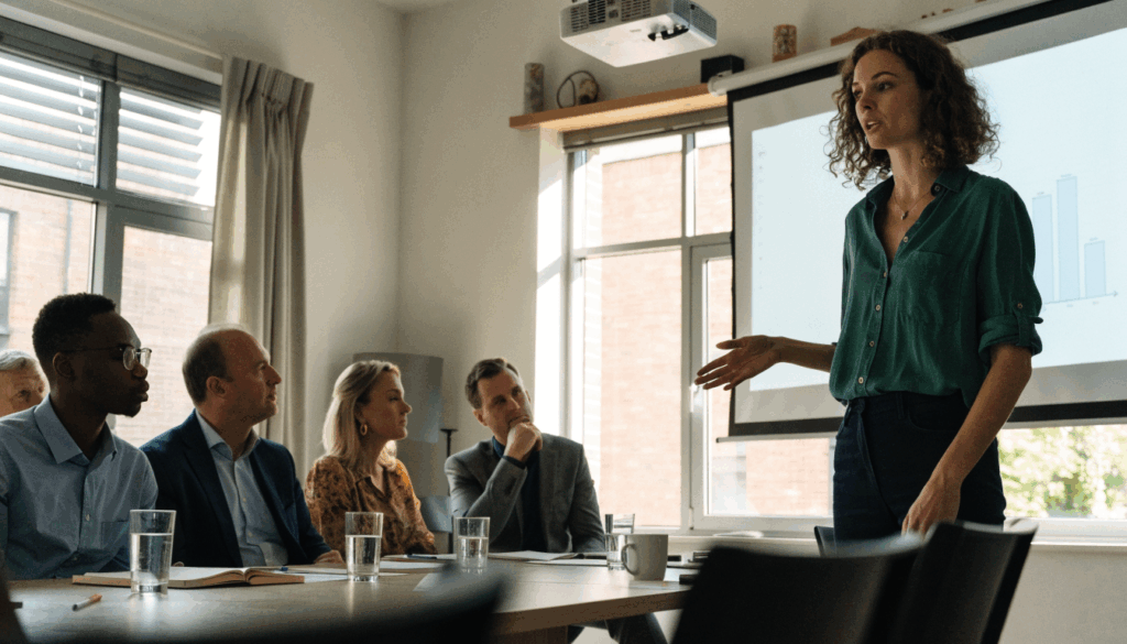 Woman presenting to colleagues in a meeting room beside a large screen