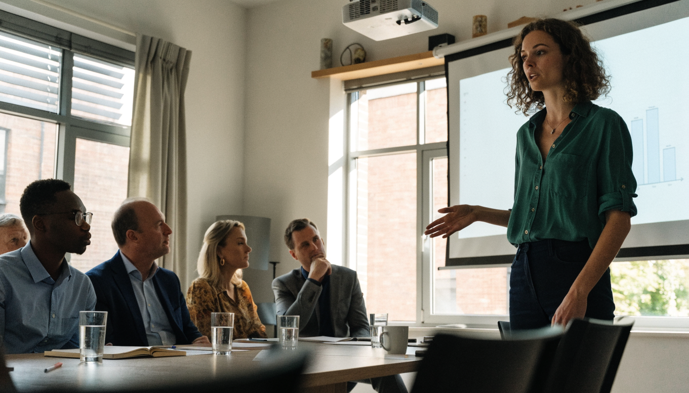 Woman presenting to colleagues in a meeting room beside a large screen