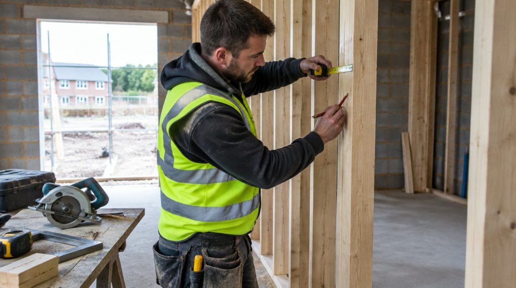 Site carpenter measuring and marking a timber stud partition in a new build property