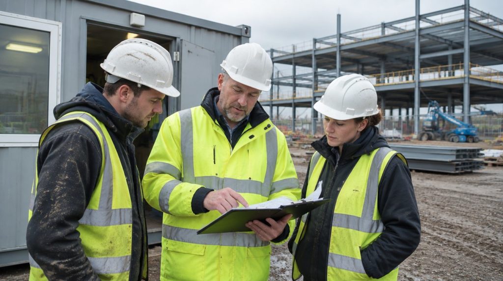 Site supervisor in a white hard hat reviewing drawings with two operatives outside a site cabin