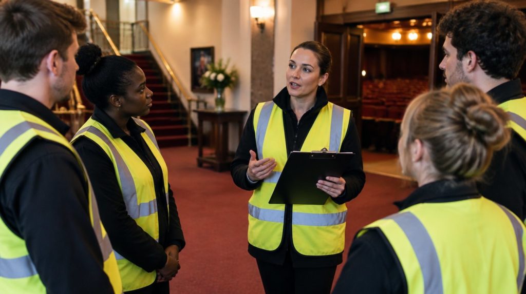Venue duty manager briefing stewards in hi-vis tabards in a foyer before doors open