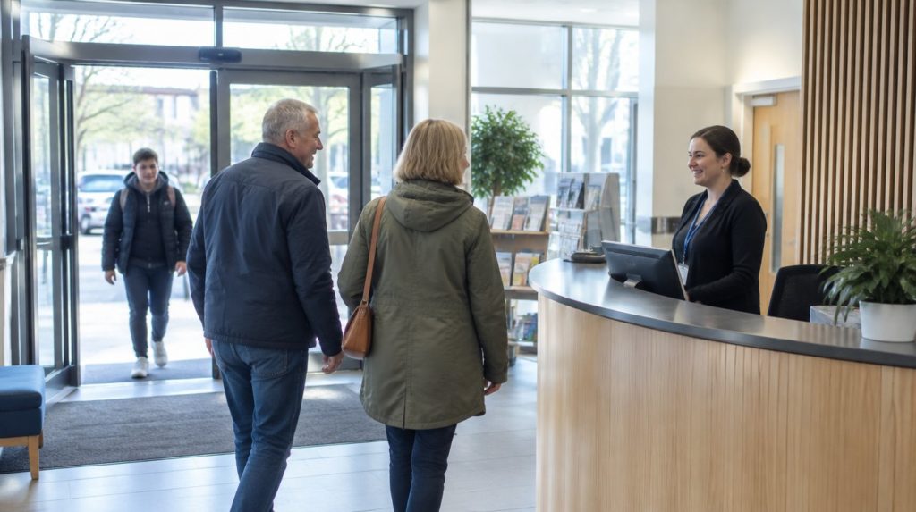 Staff member greeting arriving visitors at the reception desk of a public venue