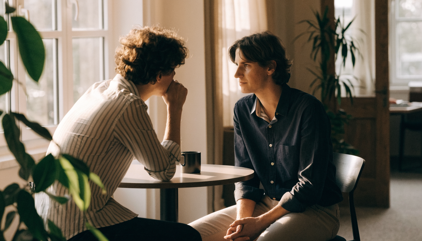 Two colleagues talking quietly in a bright office breakout area, one listening attentively