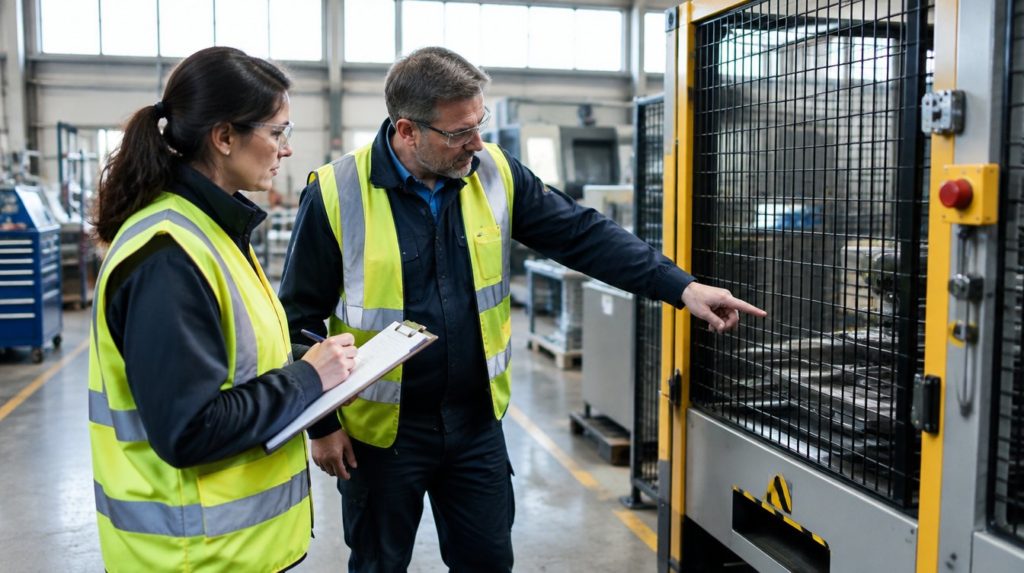 Manager and supervisor carrying out a risk assessment on a guarded machine in a factory