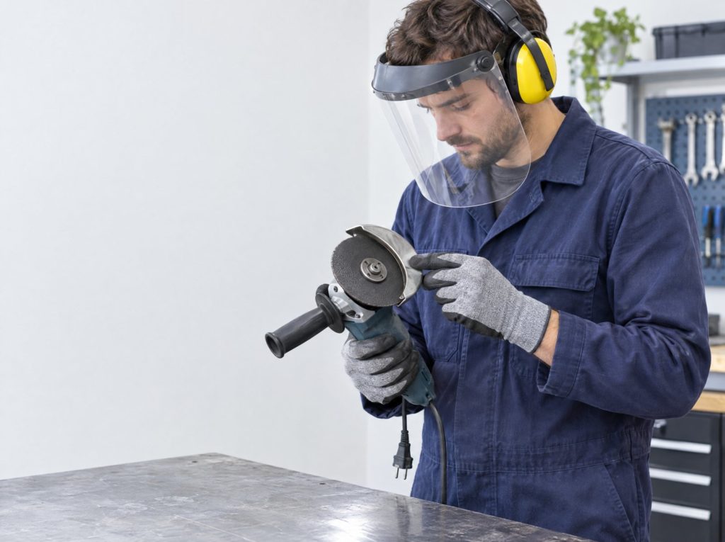 Worker in a face shield, ear defenders and gloves checking the guard on an angle grinder at a workbench