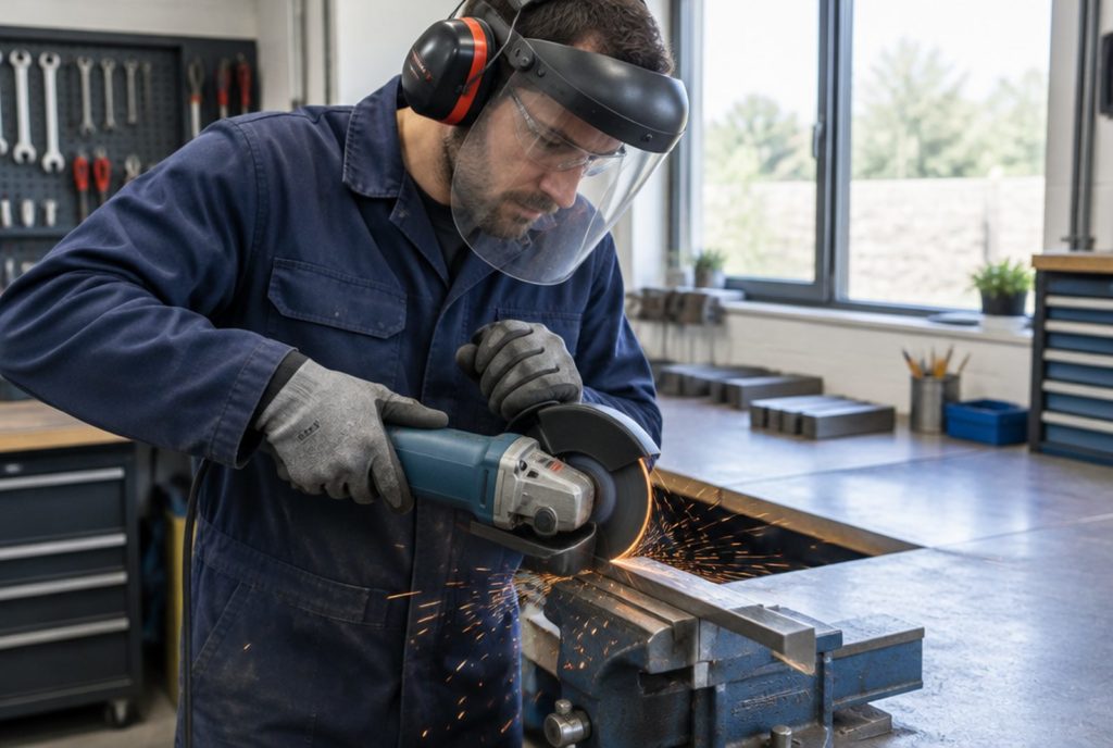 A worker using an angle grinder with the wheel guard fitted, wearing a full-face visor, safety glasses, ear defenders and gloves