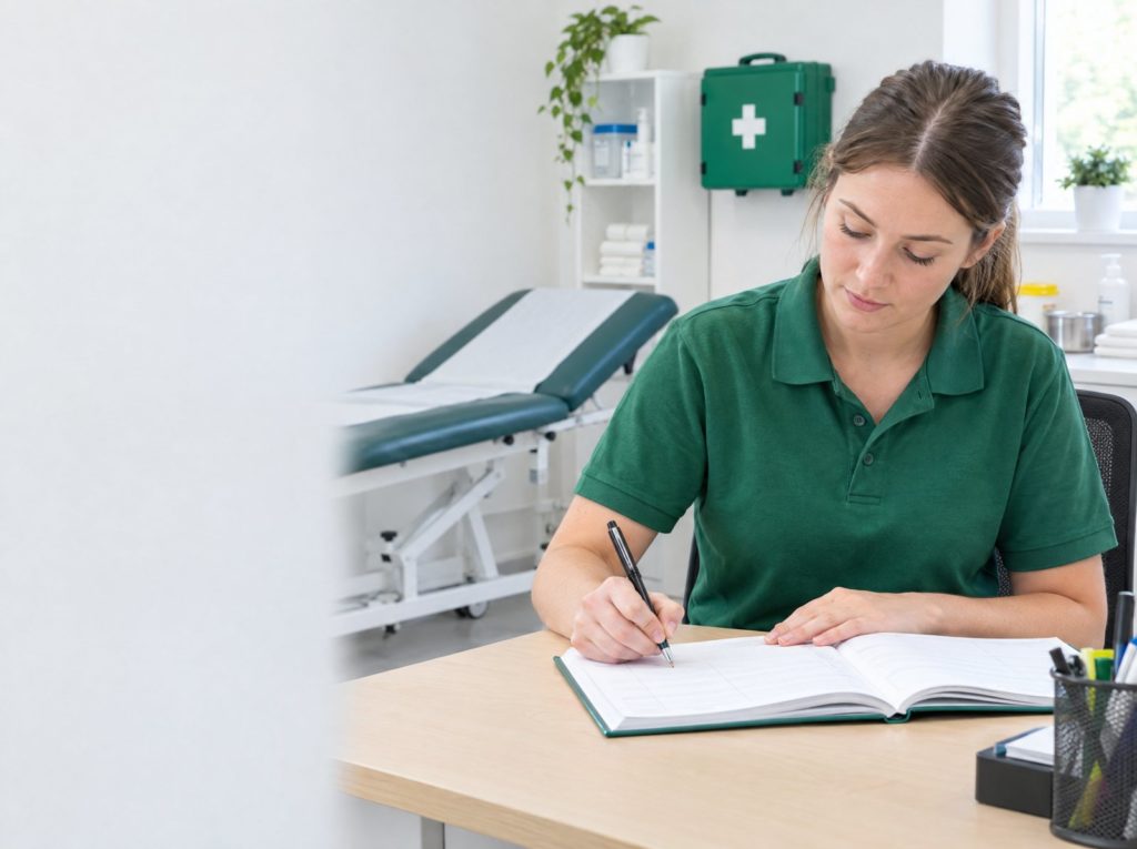 First aider completing an accident book entry at a desk in a bright first aid room
