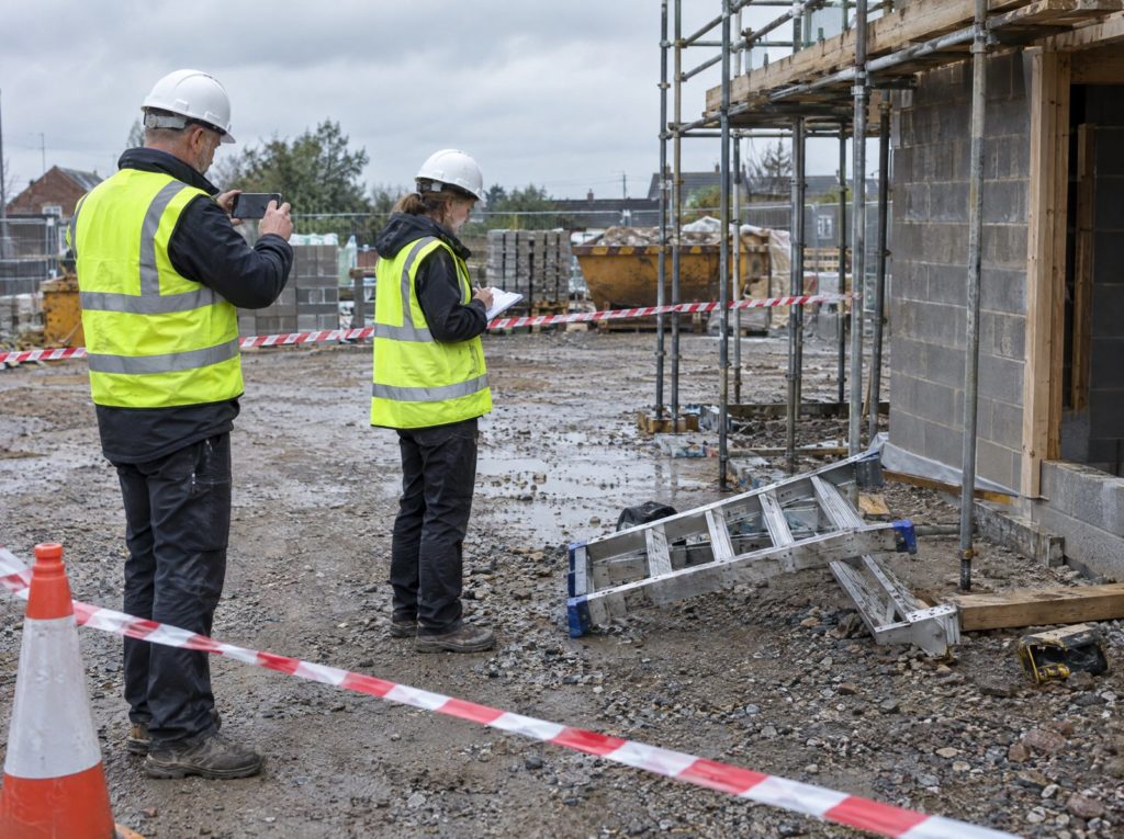 Site manager and advisor investigating a fallen stepladder in a taped-off area