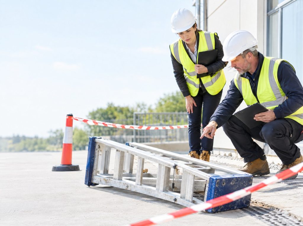 Site manager and advisor investigating a fallen stepladder in a taped-off area