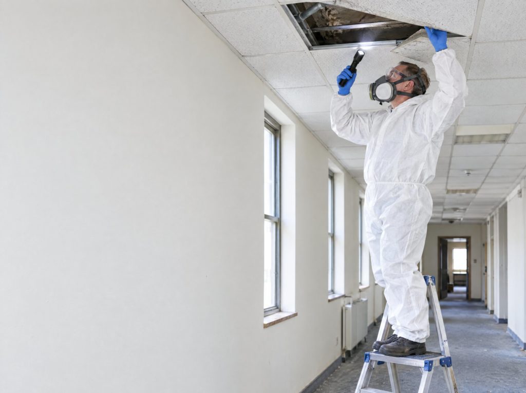 Asbestos surveyor in a disposable coverall and respirator inspecting ceiling tiles from a stepladder
