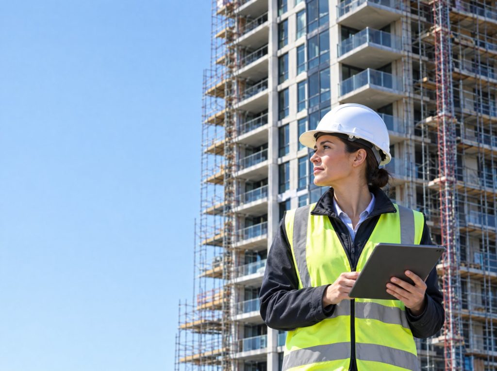 Building safety professional in a hard hat and hi-vis vest with a tablet in front of a high-rise residential building under construction