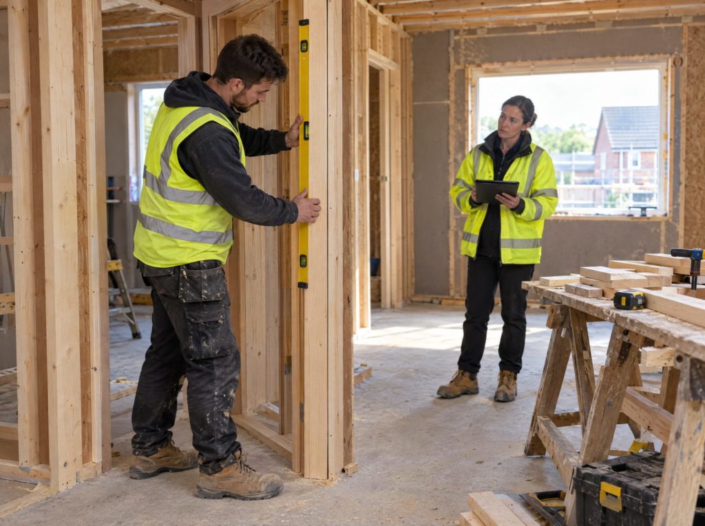 Site carpenter fitting a door frame while an NVQ assessor observes with a tablet
