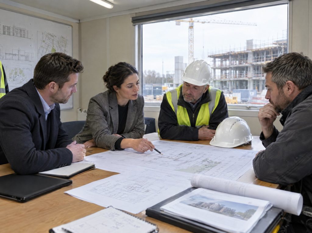 Client, architect, site manager and contractor reviewing drawings together in a site cabin