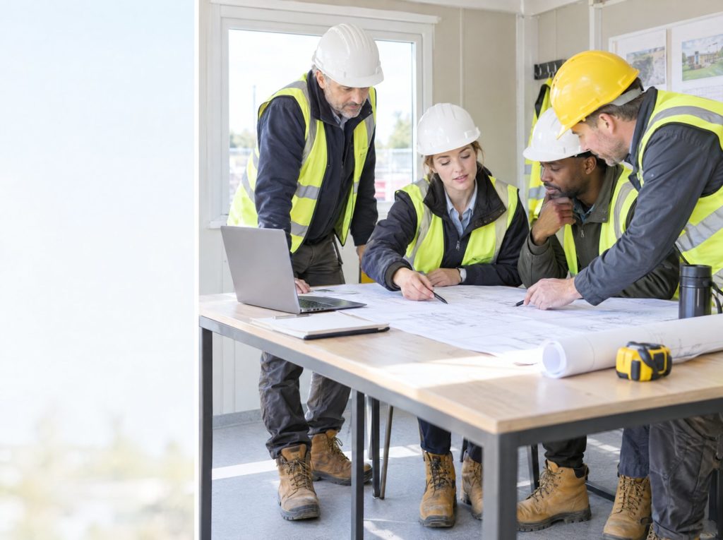 Client, architect, site manager and contractor reviewing drawings together in a site cabin