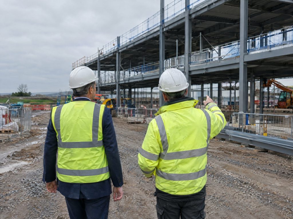 Client in a visitor hard hat and hi-vis vest walking a construction site with the site manager