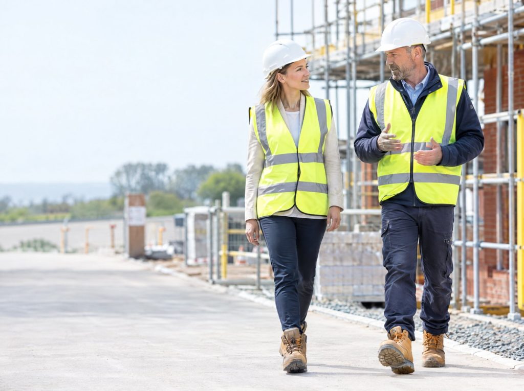 Client in a visitor hard hat and hi-vis vest walking a construction site with the site manager