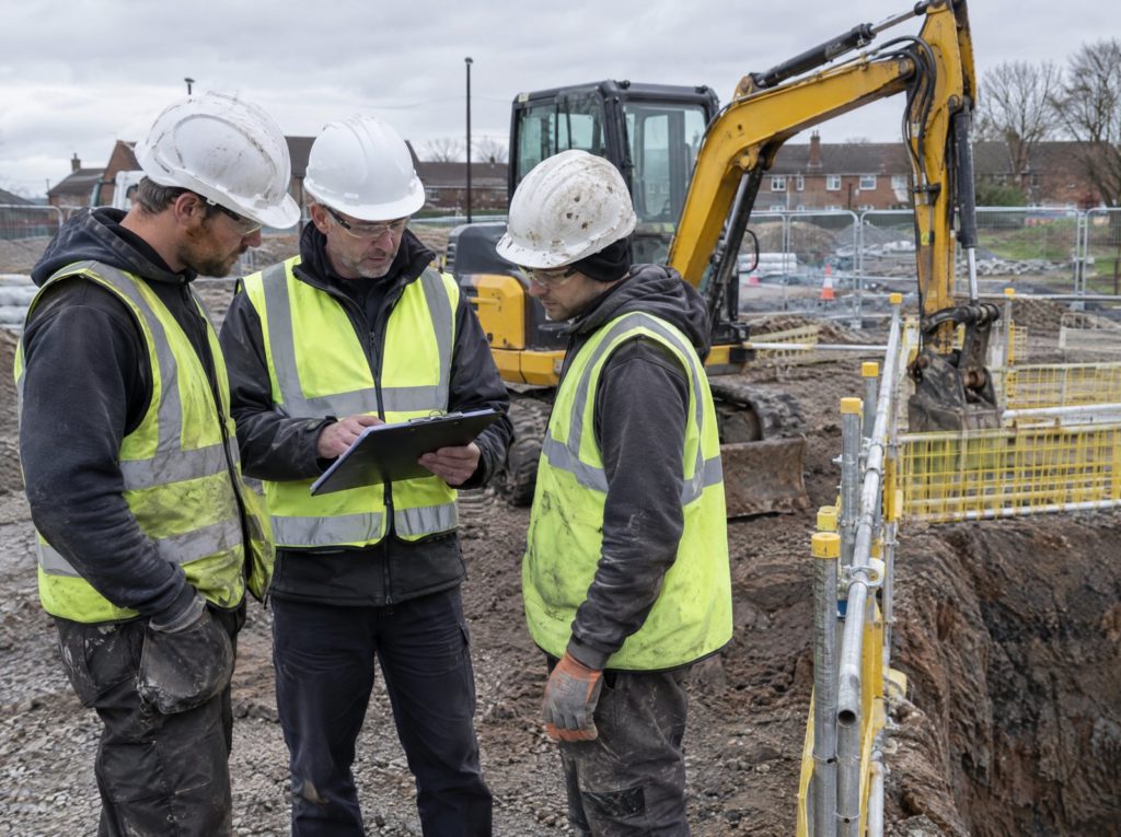 Groundworks supervisor checking a clipboard with two operatives beside a mini excavator