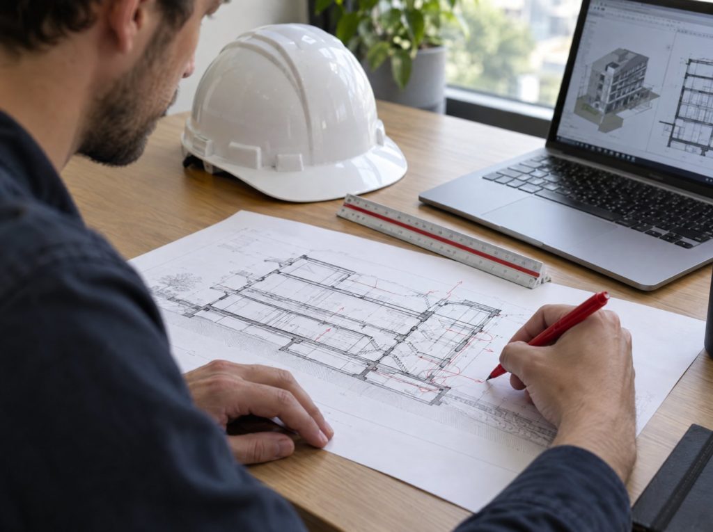 Designer marking up a building section drawing with a red pen beside a scale rule and laptop