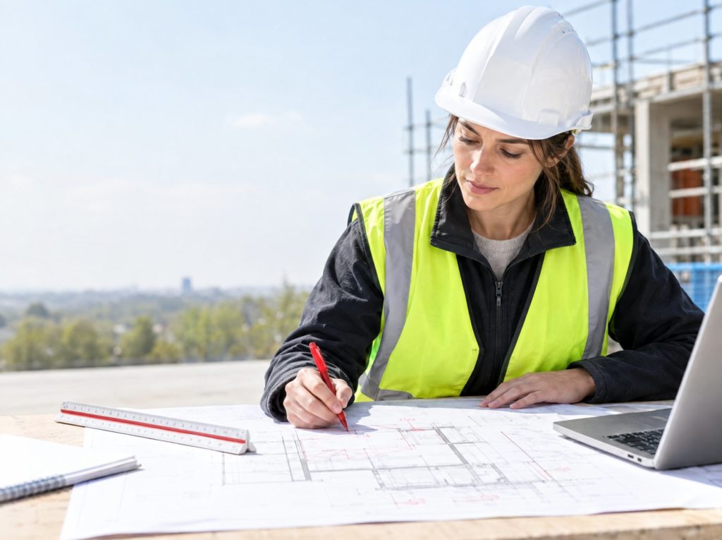 Designer marking up a building section drawing with a red pen beside a scale rule and laptop