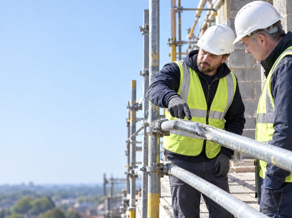 Construction worker pointing out a damaged scaffold guard rail to his supervisor