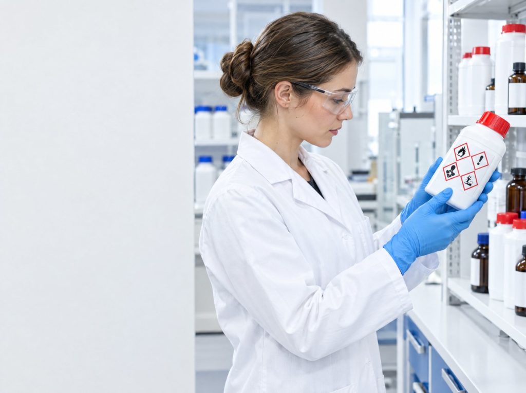 Laboratory technician in safety glasses and nitrile gloves checking the hazard label on a chemical bottle