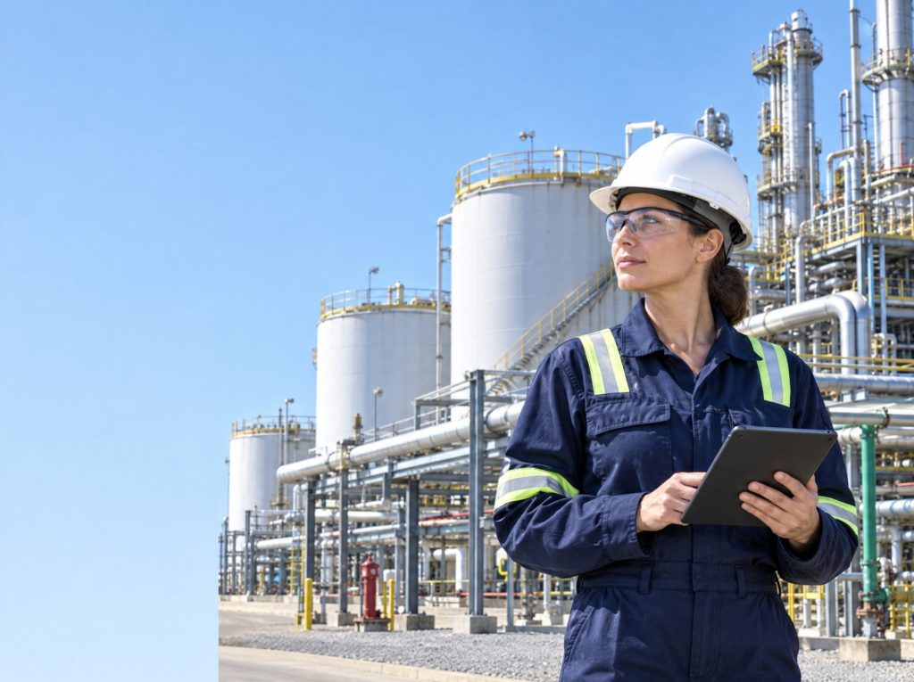 Process safety engineer in a hard hat and flame resistant overalls with a tablet in front of a chemical plant