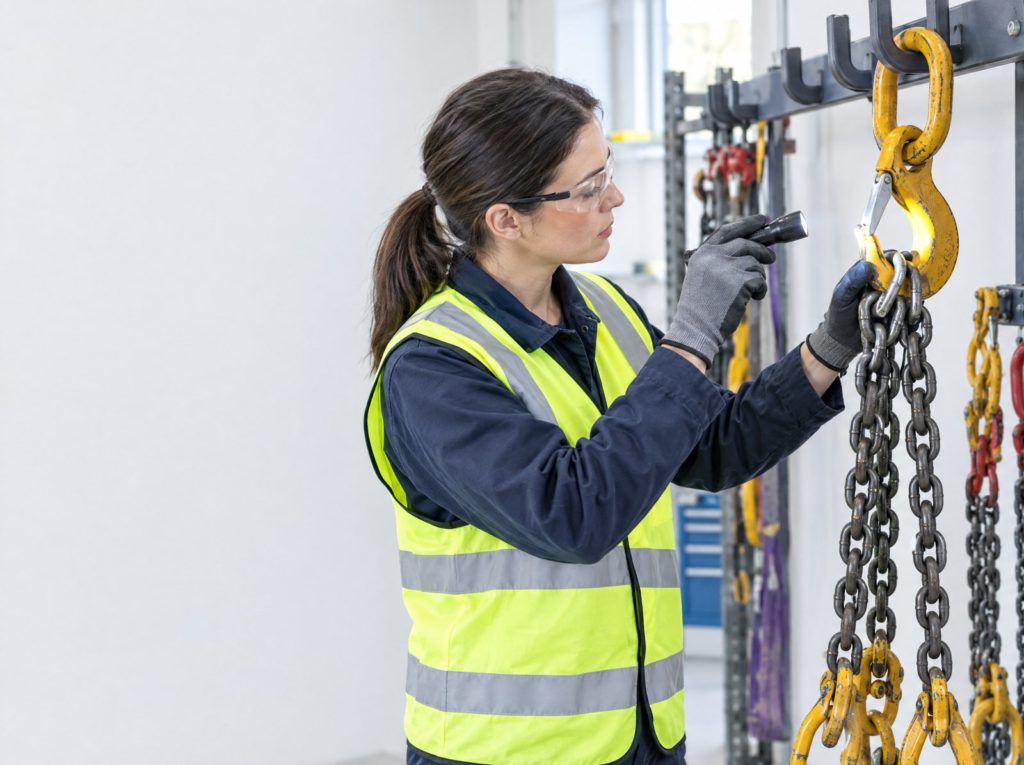 Engineer in hi-vis inspecting a chain sling and hook with a torch in a bright workshop