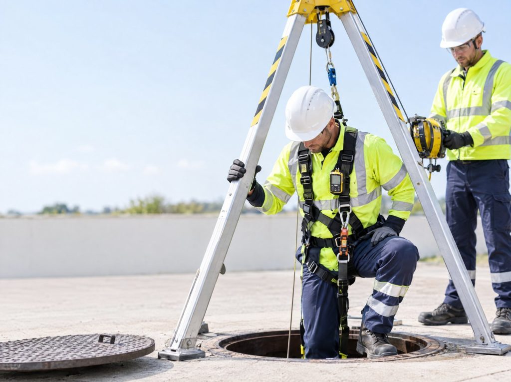 Worker in a harness preparing to enter a manhole under a rescue tripod while a colleague holds a gas monitor