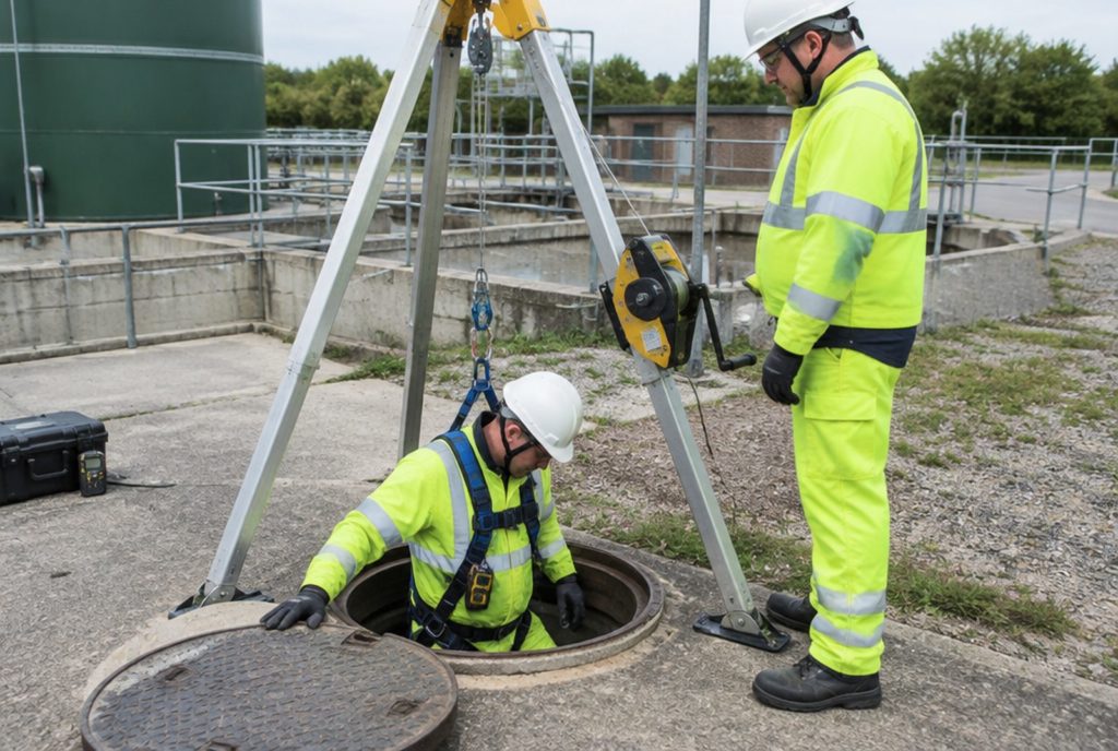 A confined space entry with a tripod and winch, the worker in a full-body harness and a top person watching at the manhole