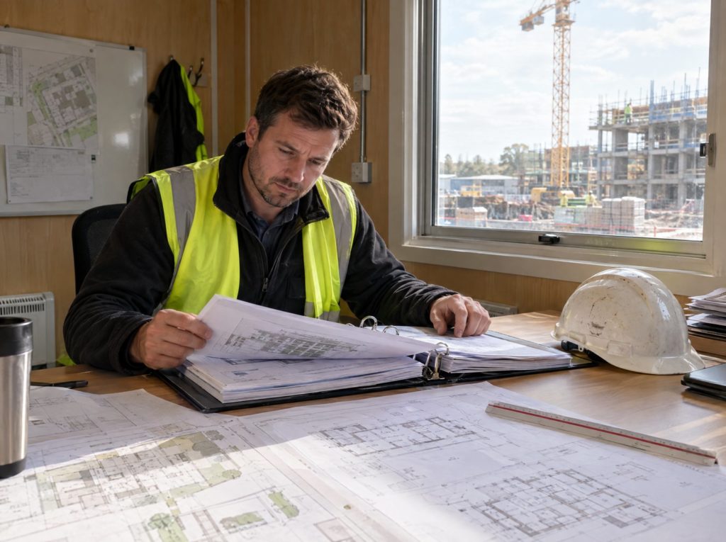 Site manager in a site office reviewing a construction phase plan folder with drawings on the desk