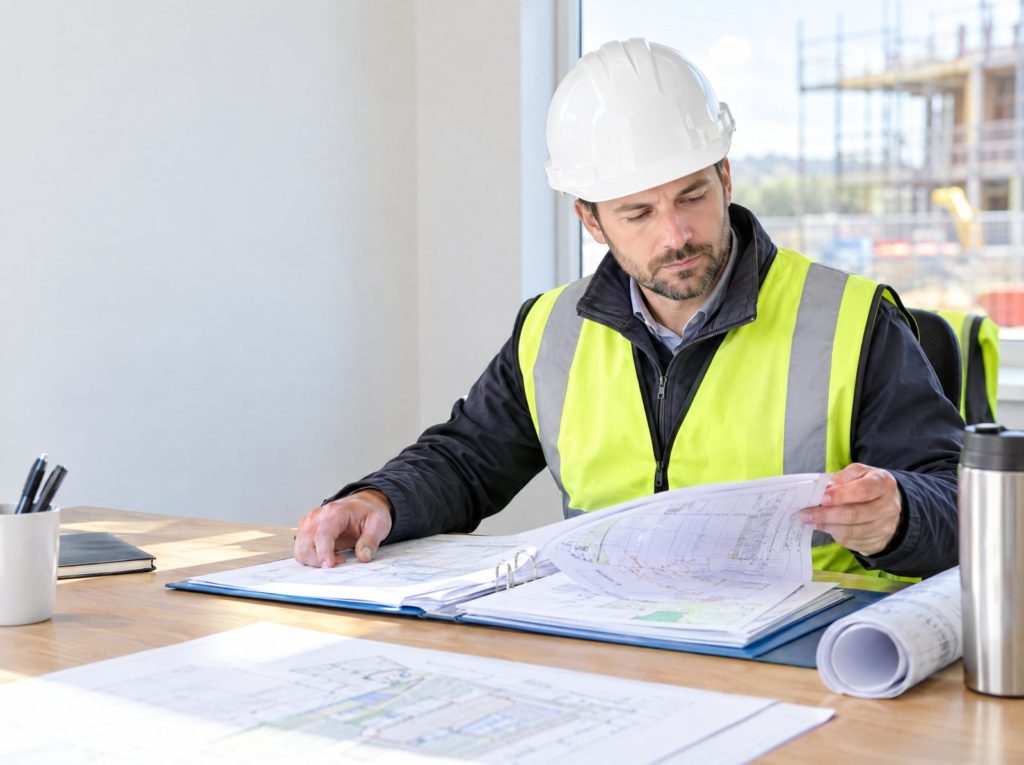 Site manager in a site office reviewing a construction phase plan folder with drawings on the desk