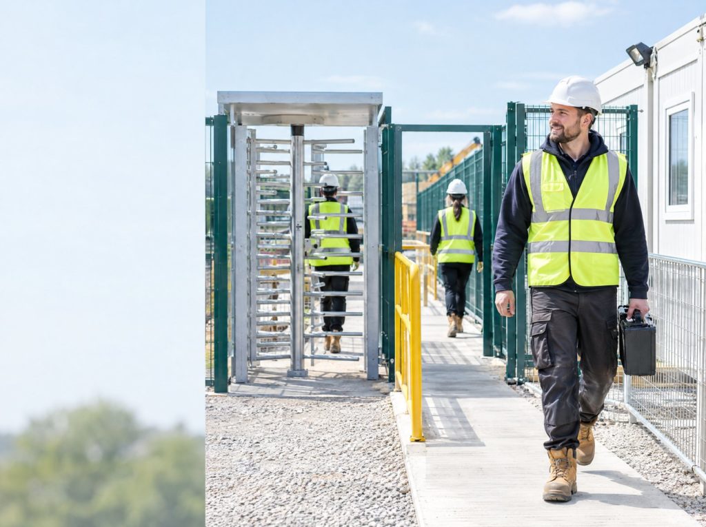 Construction site entrance with secure fencing, a turnstile, separate pedestrian walkway and welfare cabin